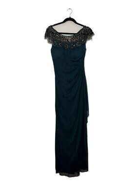 Xscape Teal Beaded Illusion Cap Sleeve Ruched Gown Size 4